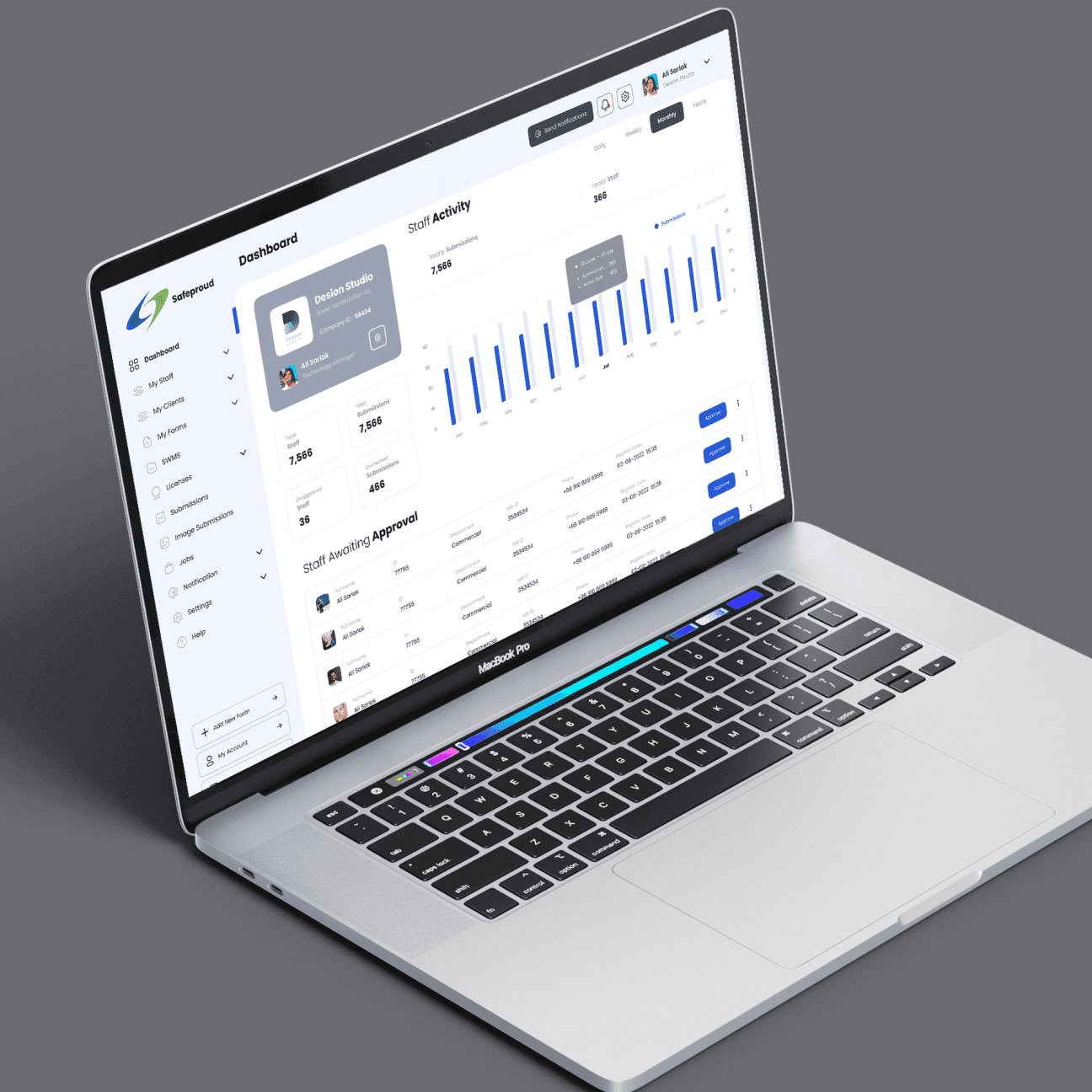 Laptop with open screen showing safe proud web application